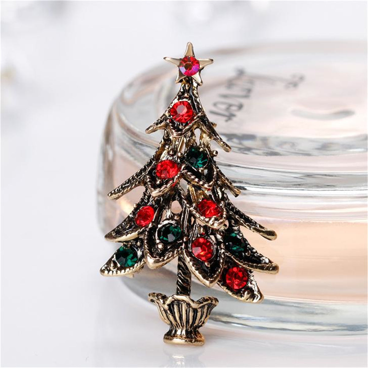 Cubic Zirconia & 18K Gold-Plated Christmas Tree Brooch