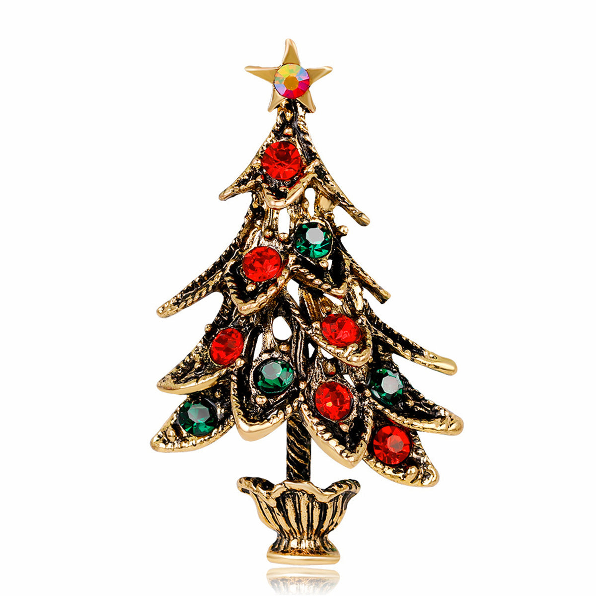 Cubic Zirconia & 18K Gold-Plated Christmas Tree Brooch