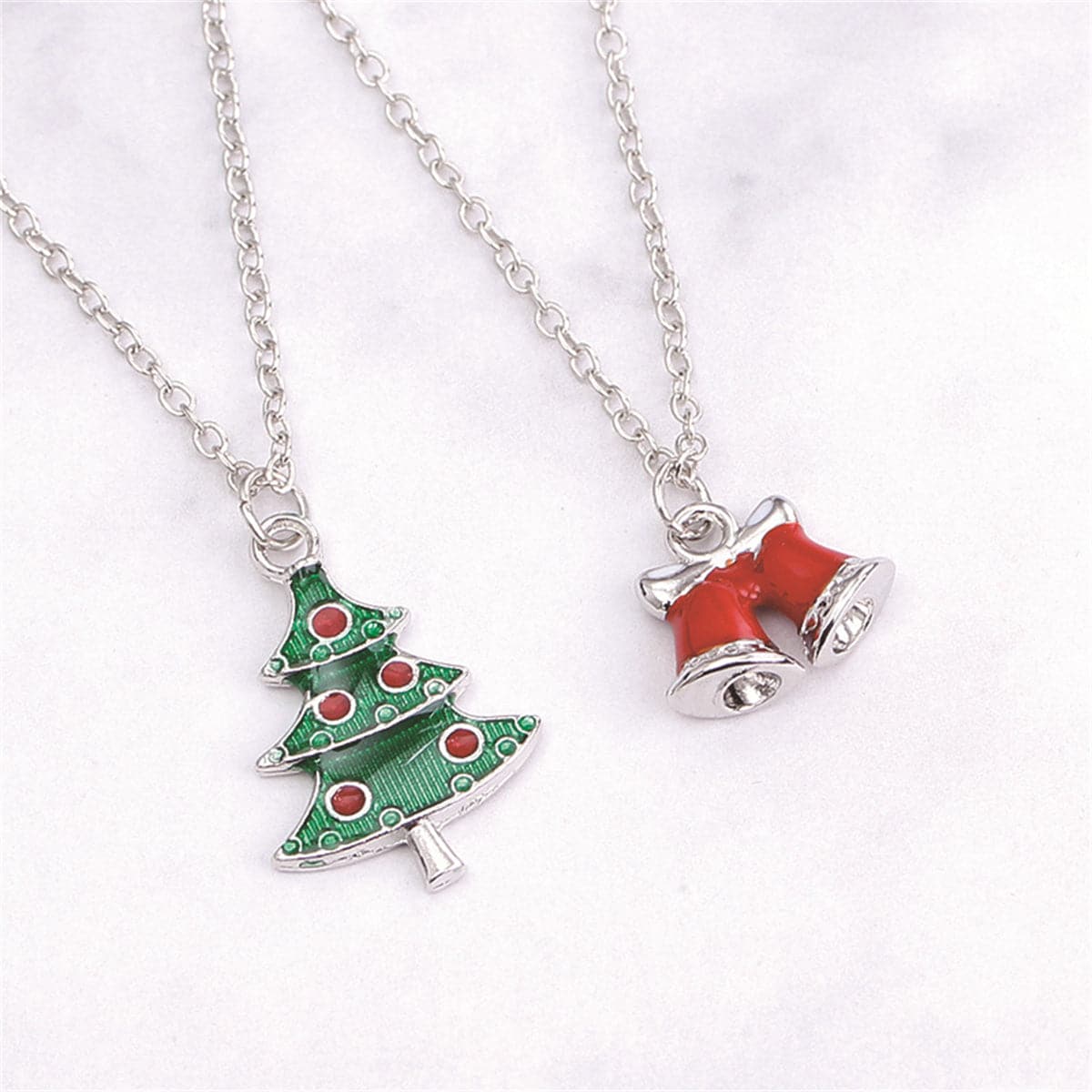 Green Silver-Plated Christmas Tree & Bells Pendant Necklace Set