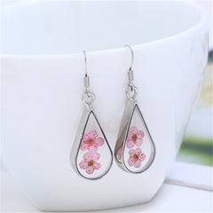 Pink Pressed Flower & Silver-Plated Teardrop Earrings