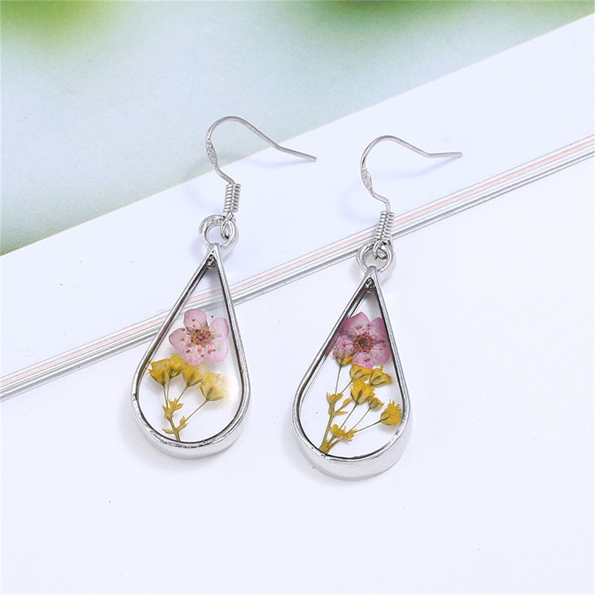 Pink & Yellow Pressed Peach Flower Silver-Plated Drop Earrings