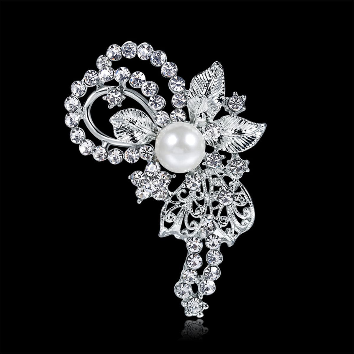 Pearl & Cubic Zirconia Silver-Plated Leaf Filigree Brooch