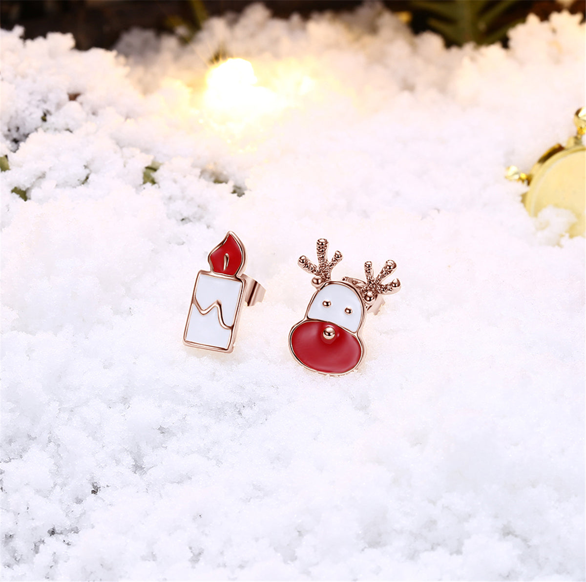 Red Enamel & 18K Rose Gold-Plated Candle & Deer Stud Earrings