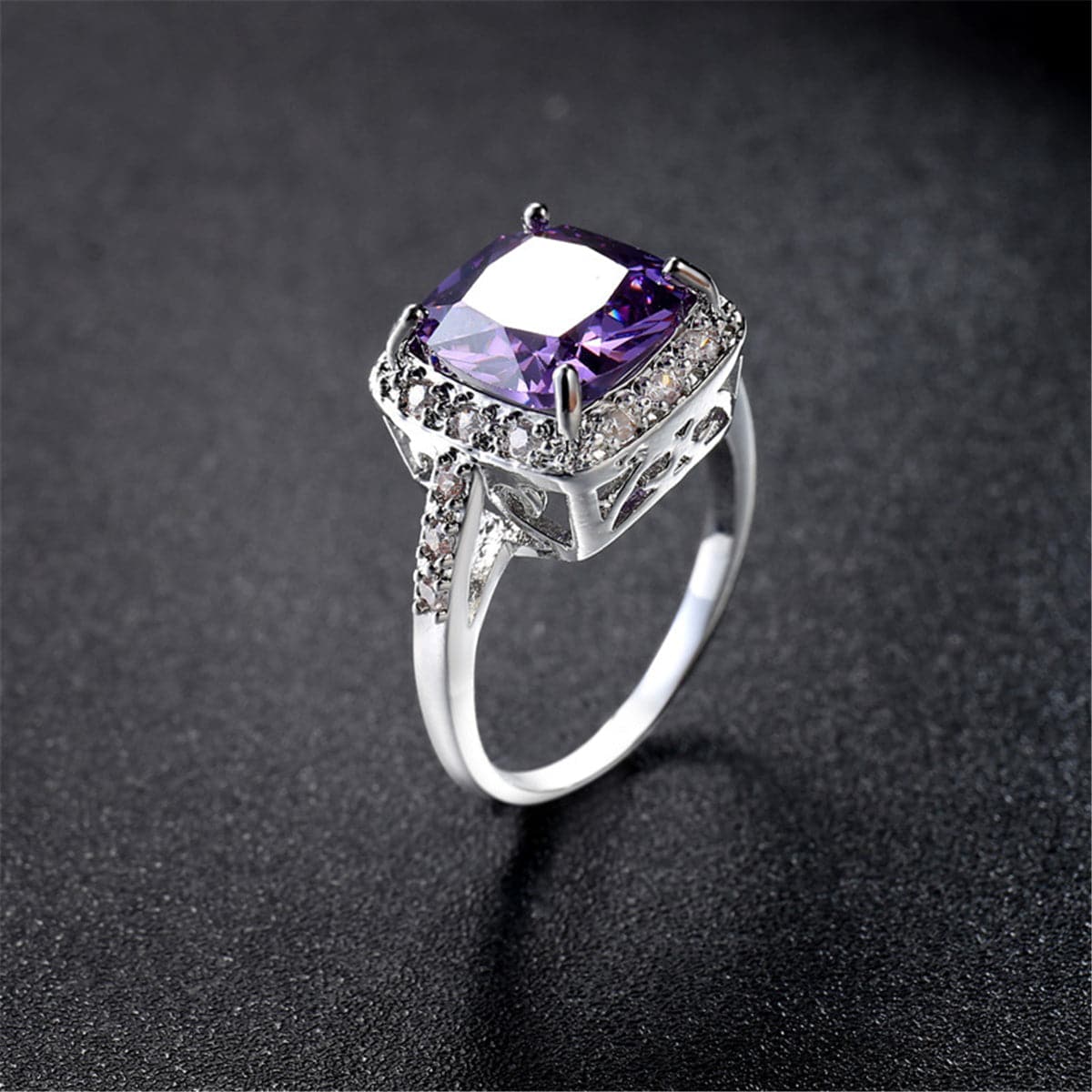 Purple Crystal & Cubic Zirconia Halo Princess-Cut Ring