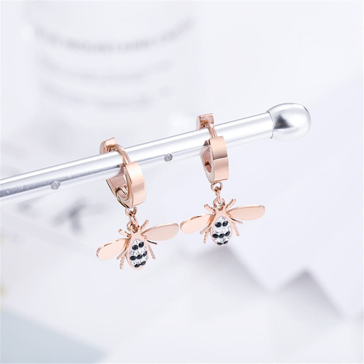 Cubic Zirconia & Rose Gold-Plated Bee Drop Earrings