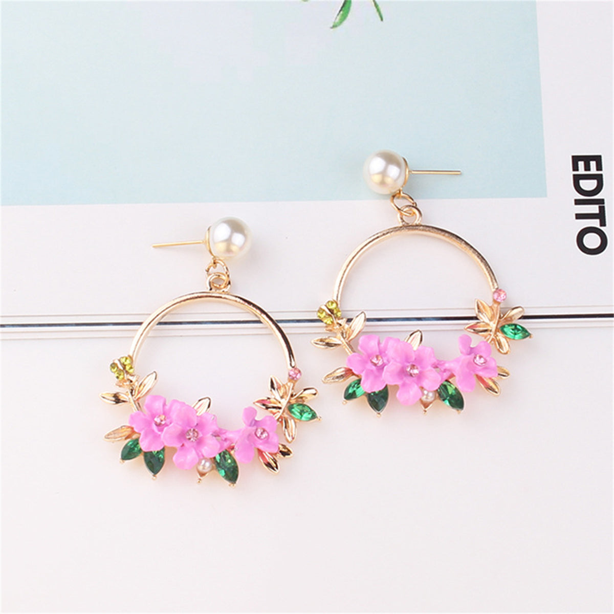 Pearl & Cubic Zirconia Pink Floral Cluster Hoop Drop Earrings