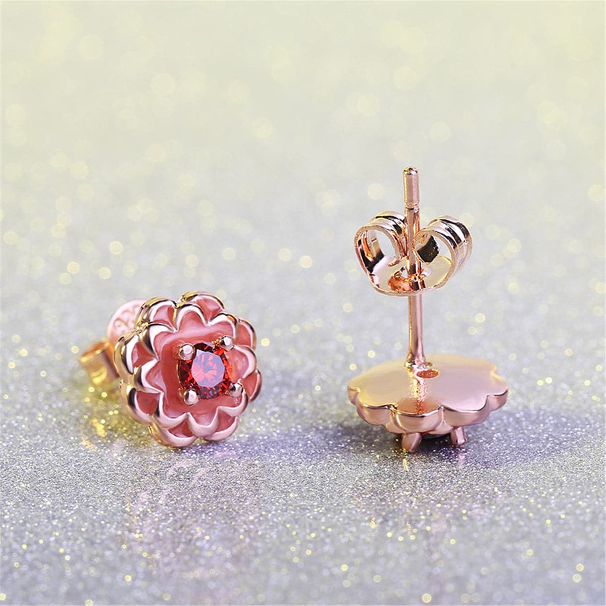 Red Crystal & 18K Rose Gold-Plated Peony Stud Earrings