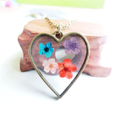 Vibrant & 18K Gold-Plated Pressed Flower Heart Pendant Necklace