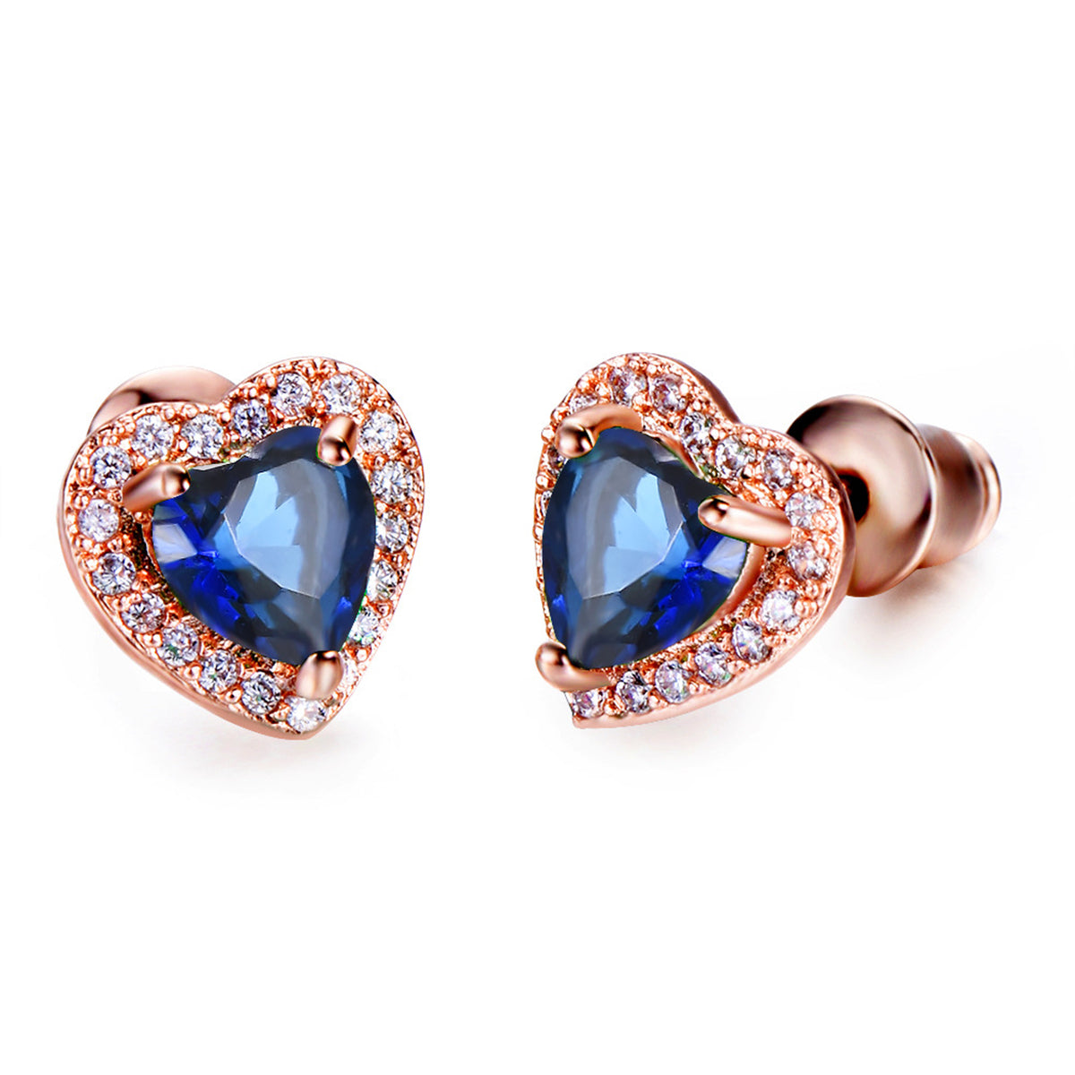 Navy Crystal & Cubic Zirconia 18K Rose Gold-Plated Halo Heart Stud Earrings