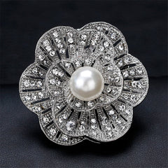 Cubic Zirconia & Silver-Plated Scalloped Flower Brooch