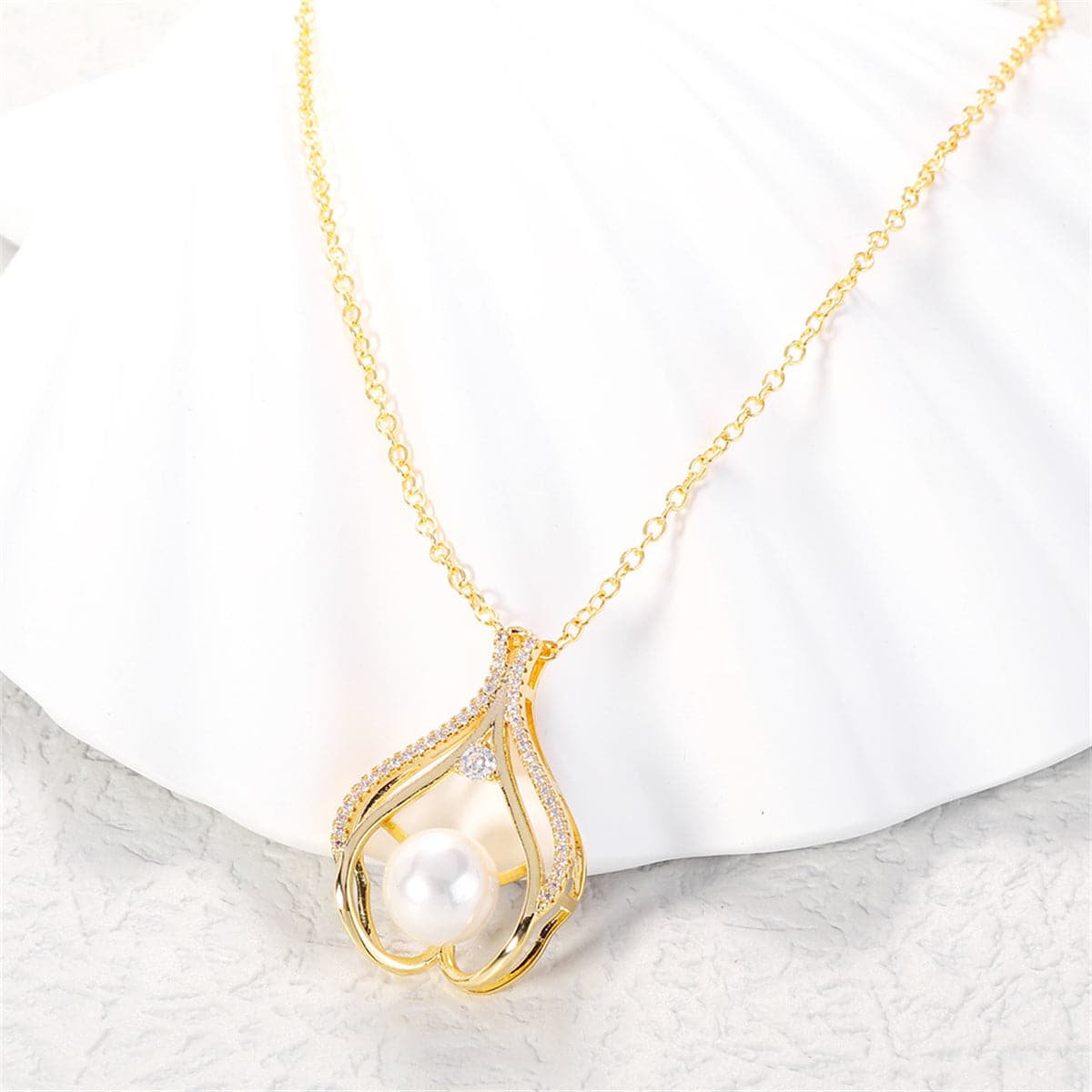 White Pearl & Cubic Zirconia 18K Gold-Plated Heart Pendant Necklace