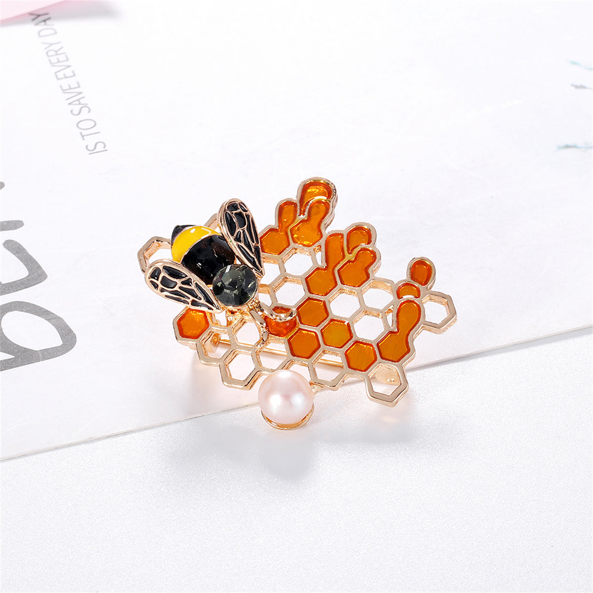 Black Cubic Zirconia & Yellow Enamel Pearl 18K Gold-Plated Bee & Honeycomb Brooch