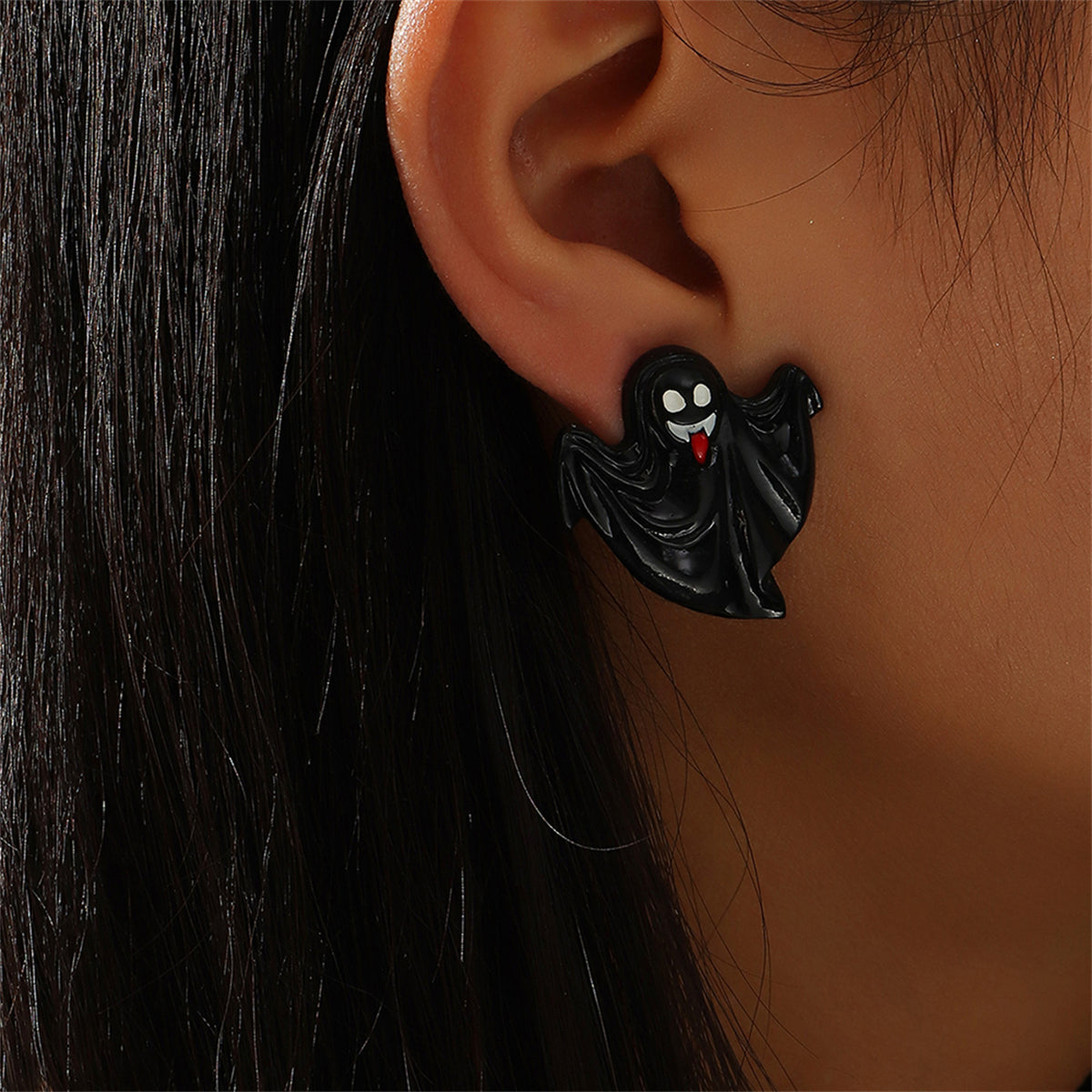 Black & Silver-Plated Ghost Stud Earrings