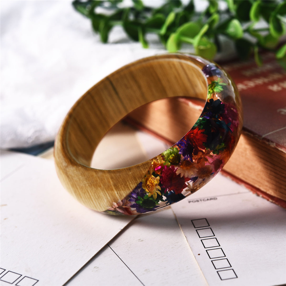 Multicolor Dried Flower Wooden Bangle