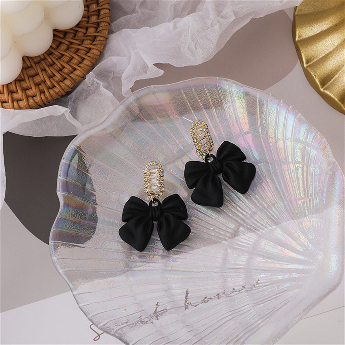 Black Acrylic & Cubic Zirconia Bow Baguette-Cut Drop Earrings