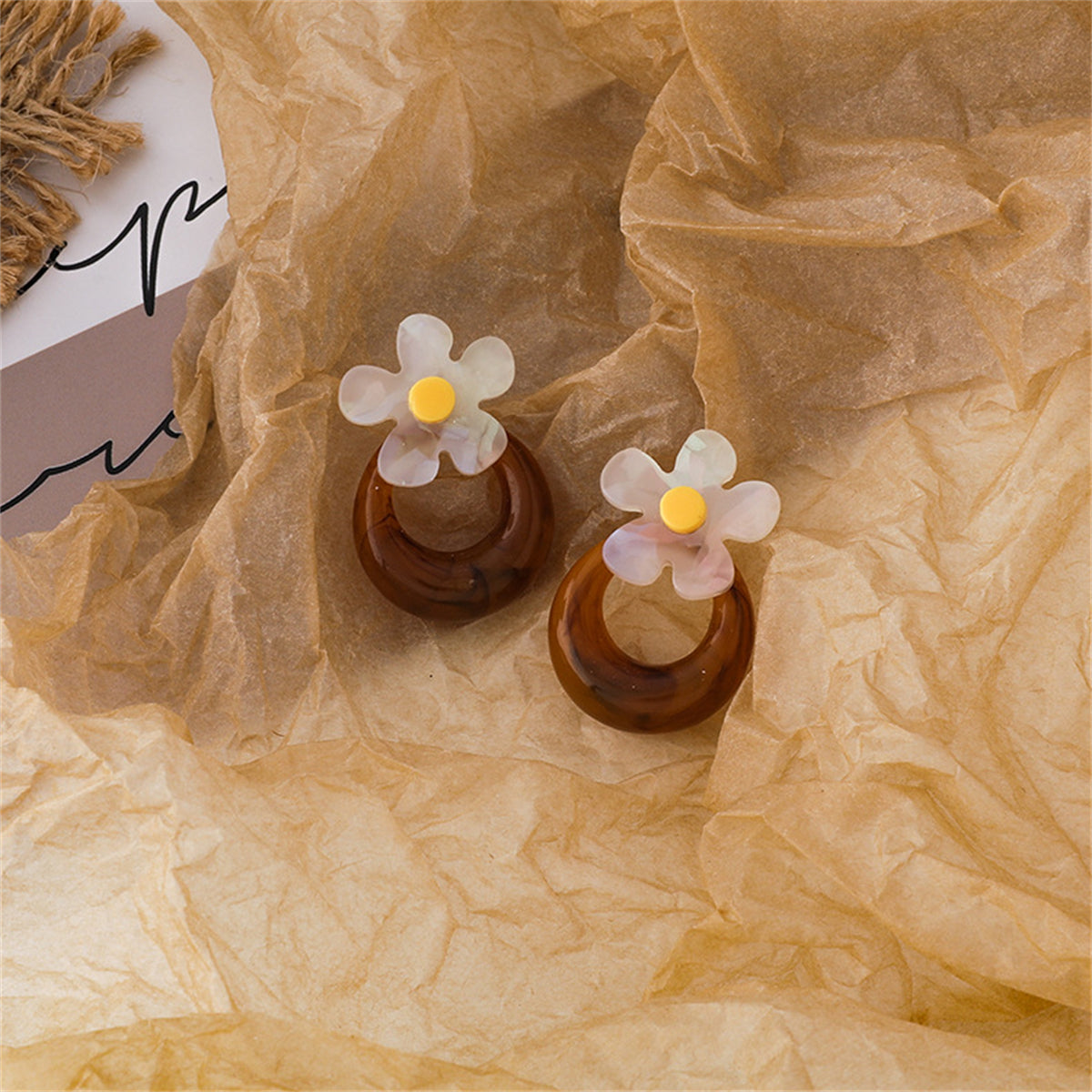 Brown & White Acrylic Floral Hoop Stud Earrings