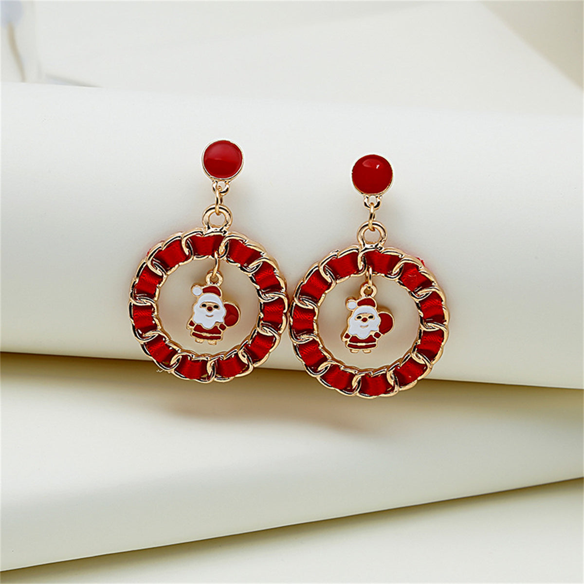 Red Ribbon & Enamel 18K Gold-Plated Sack Santa Figaro Drop Earrings