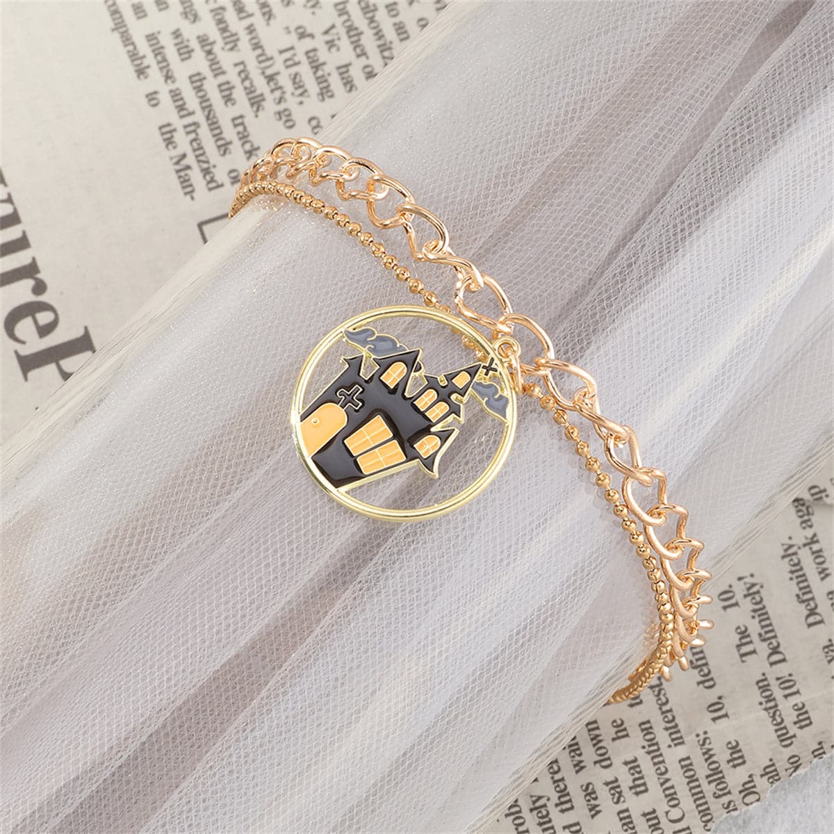 Black Enamel & 18K Gold-Plated Castle Layered Charm Bracelet