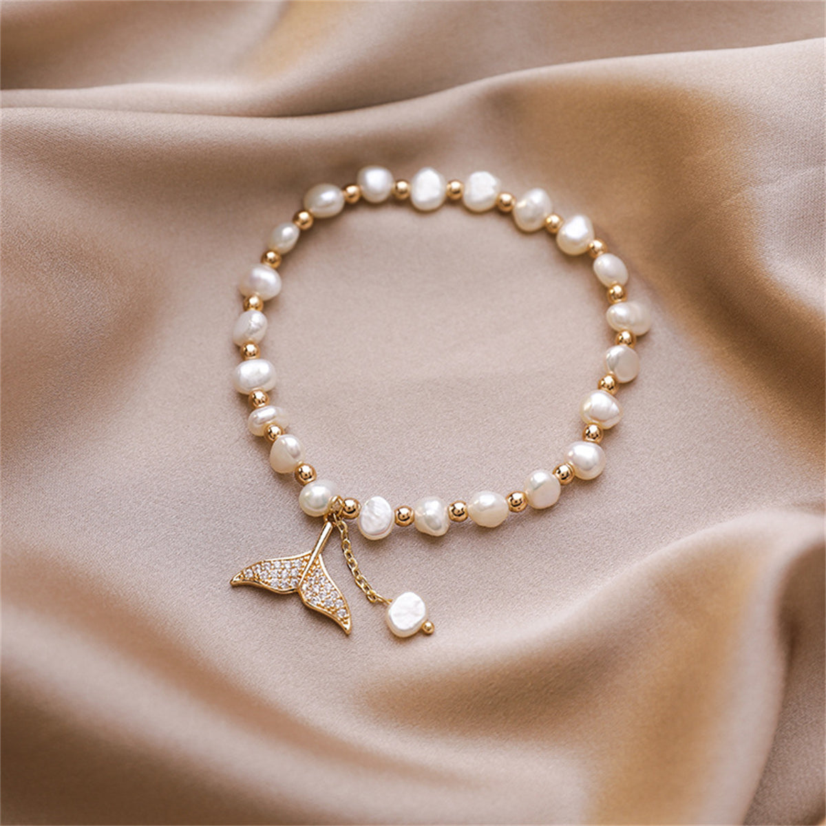 Cubic Zirconia & Pearl 18K Gold-Plated Mermaid Tail Stretch Bracelet