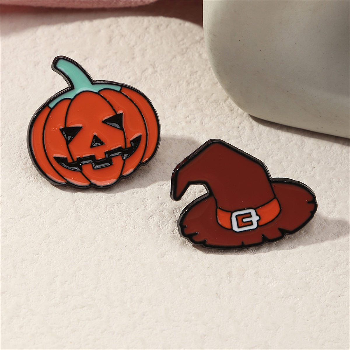 Enamel & Rhodium Plated Pumpkin Witch Hat Badge Set