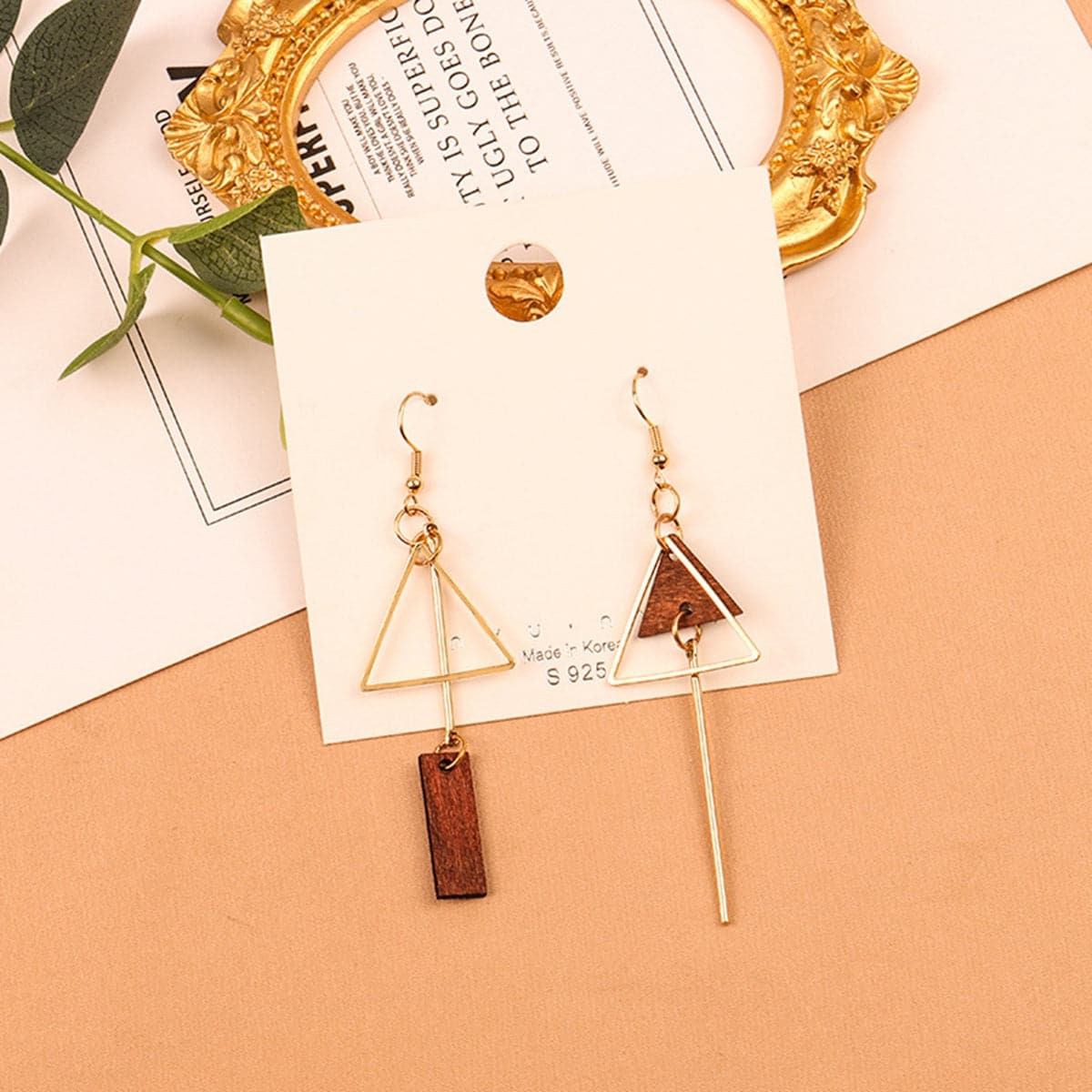 Wood & 18K Gold-Plated Openwork Triangle Asymmetrical Drop Earrings