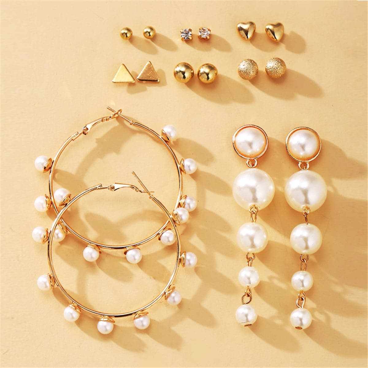 Cubic Zirconia & Pearl 18K Gold-Plated Round Earrings Set