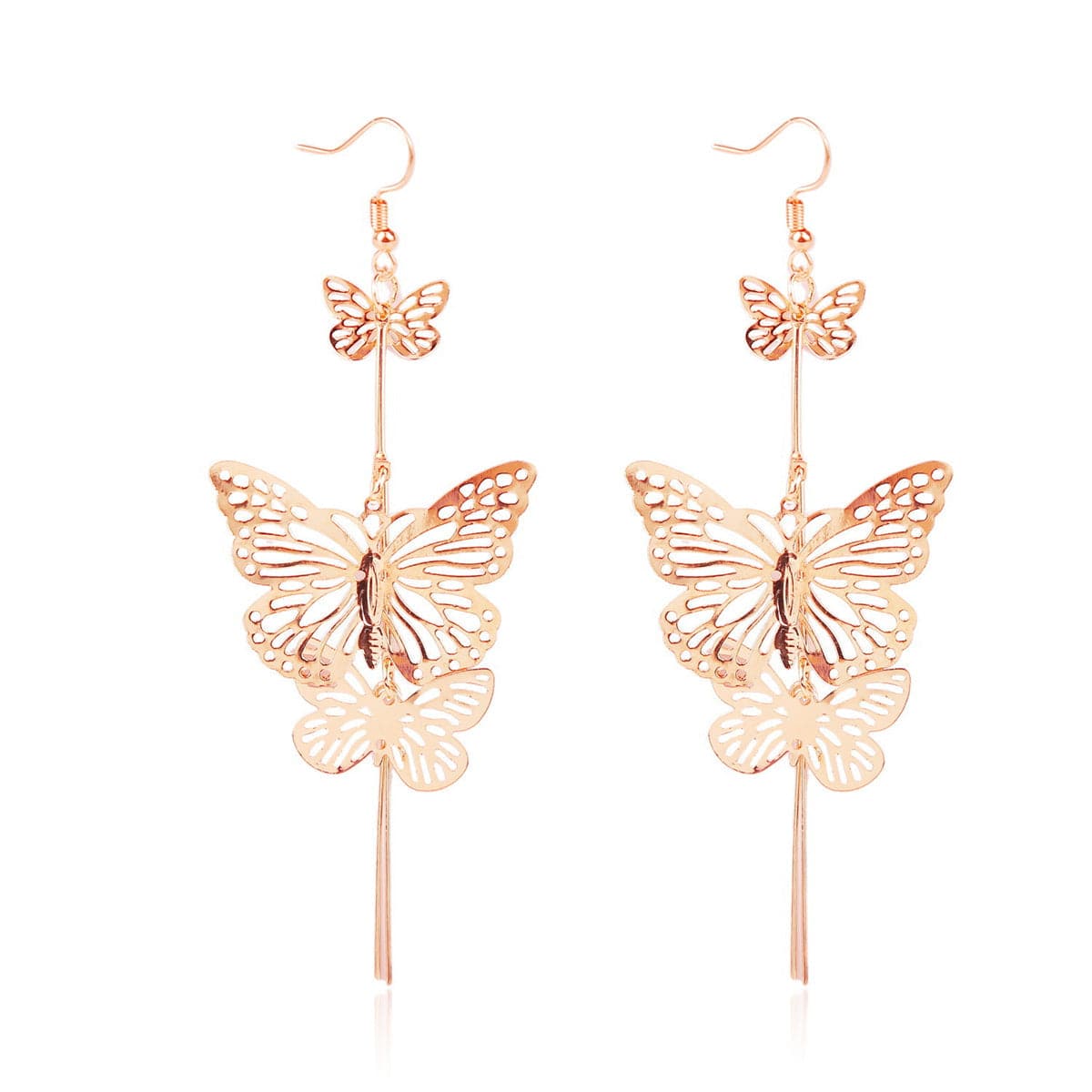 Elegant 18K gold-plated butterfly earrings with long dangling chains, perfect for adding a touch of glamour to any outfit.