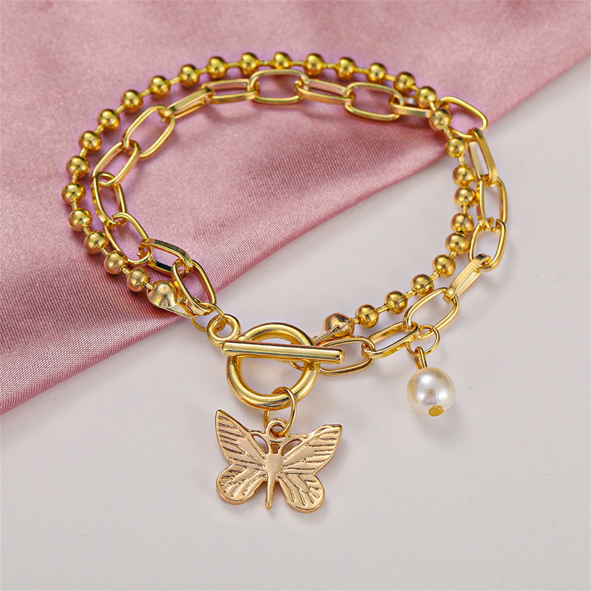 Pearl & 18K Gold-Plated Dual-Chain Butterfly Charm Bracelet