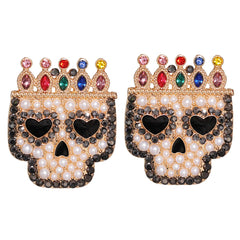 Red Multicolor Crystal & Cubic Zirconia Crowned Skull Stud Earrings