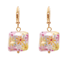 White Floral Pearl & 18K Gold-Plated Square Drop Earrings