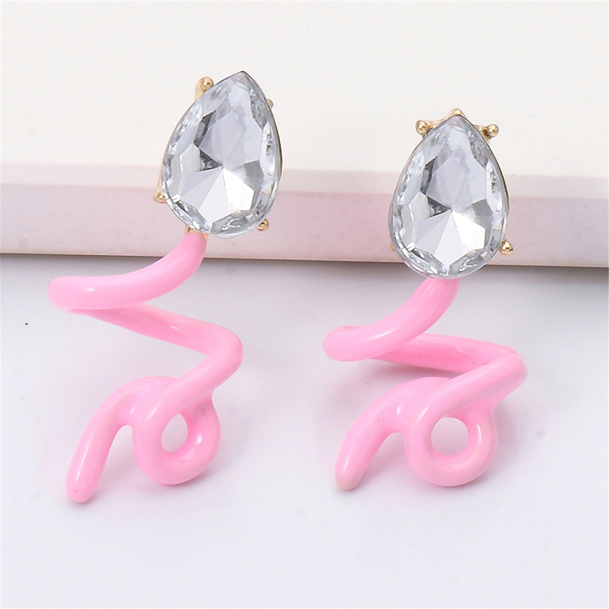 Pink & Crystal Swirling Snake Drop Earrings