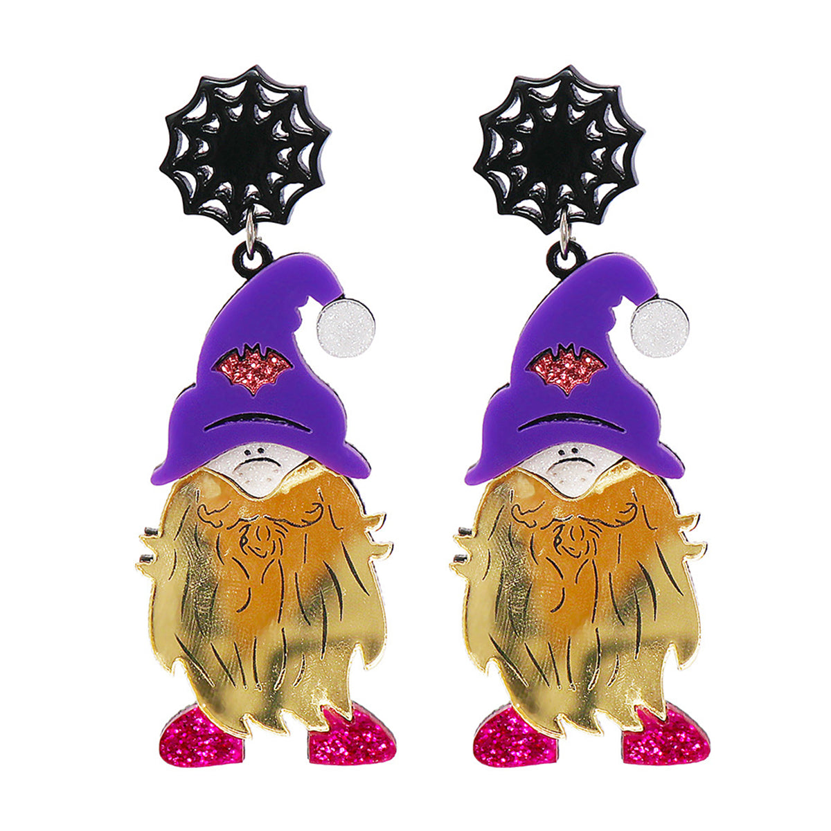 Purple & Pink Spider Web Gnome Drop Earrings