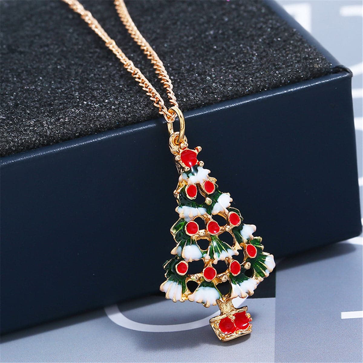 Red & 18K Gold-Plated Openwork Christmas Tree Necklace & Earrings