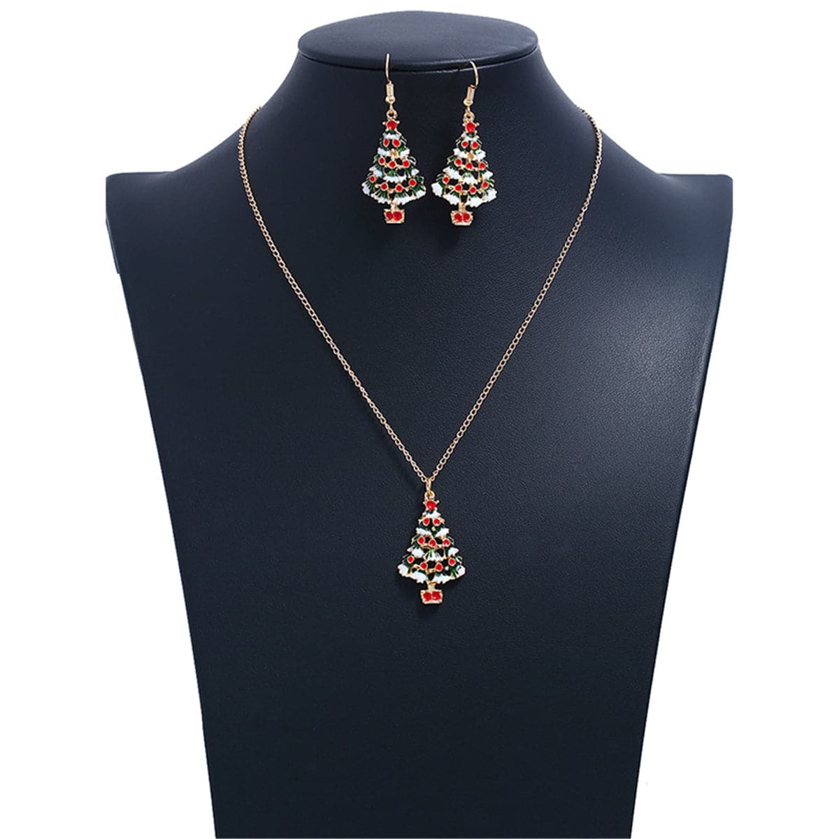 Red & 18K Gold-Plated Openwork Christmas Tree Necklace & Earrings