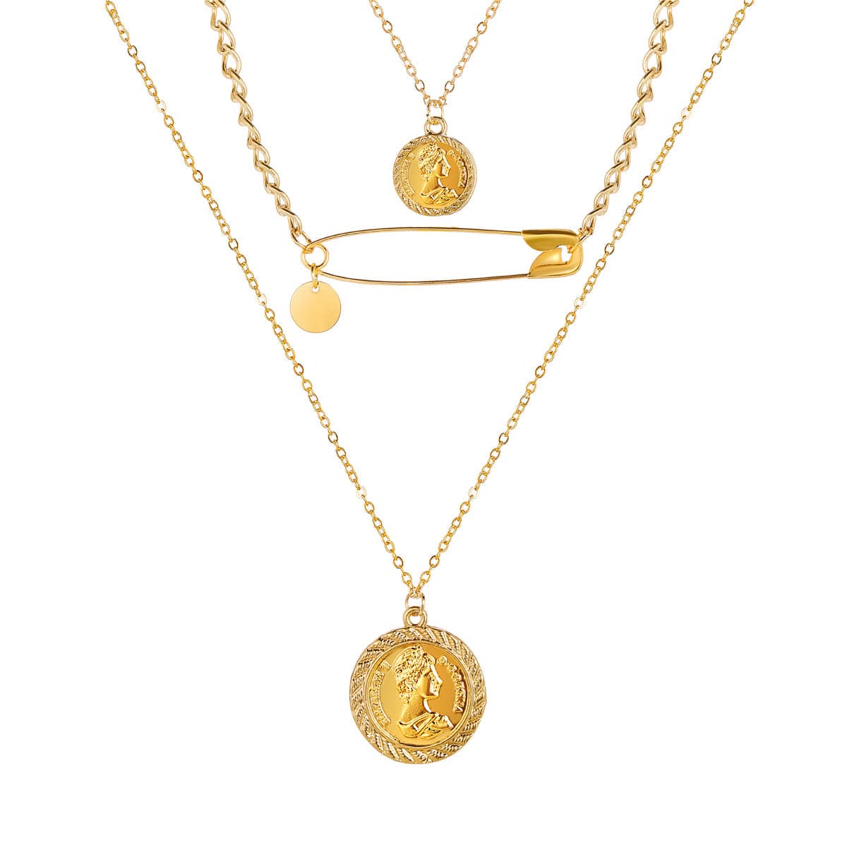 18K Gold-Plated Coin & Safety Pin Pendant Layer Necklace