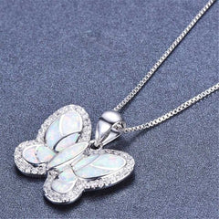 White Opal & Cubic Zirconia Butterfly Pendant Necklace