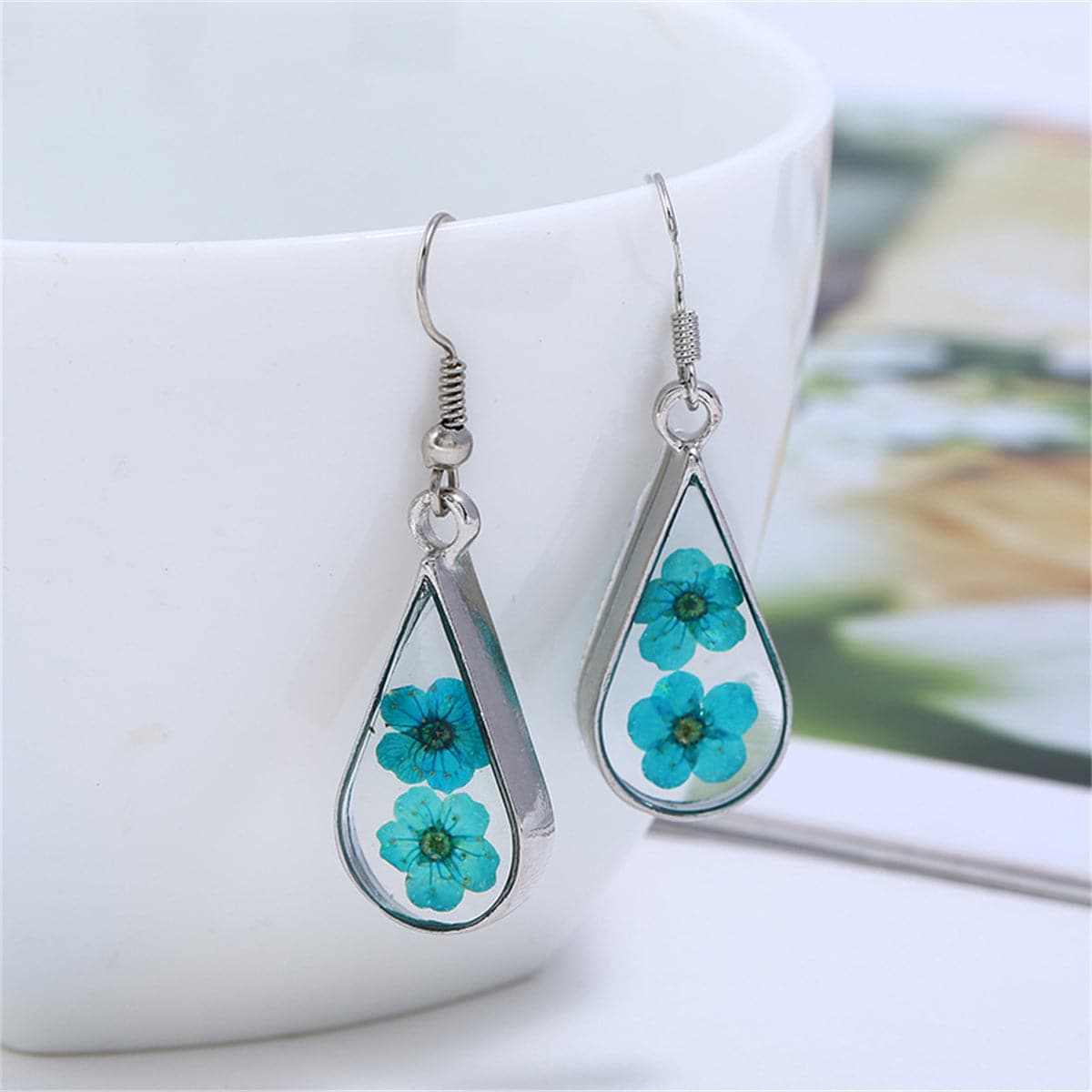 Blue Pressed Peach Flower & Silver-Plated Drop Earrings