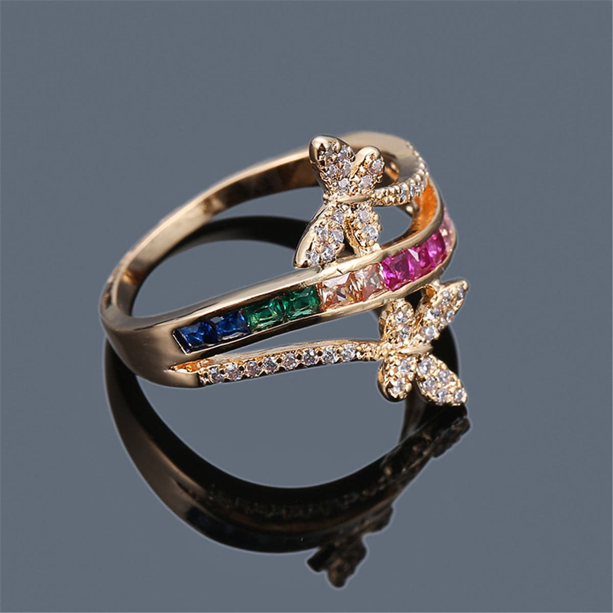 Rainbow Crystal & Cubic Zirconia Butterfly Ring