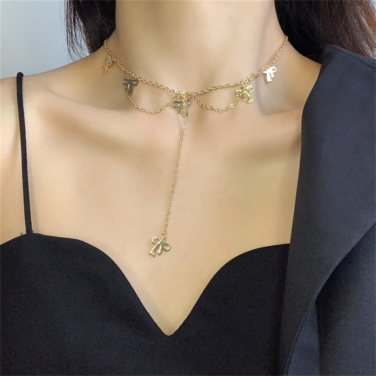 18K Gold-Plated Bow Station Drop Choker Necklace