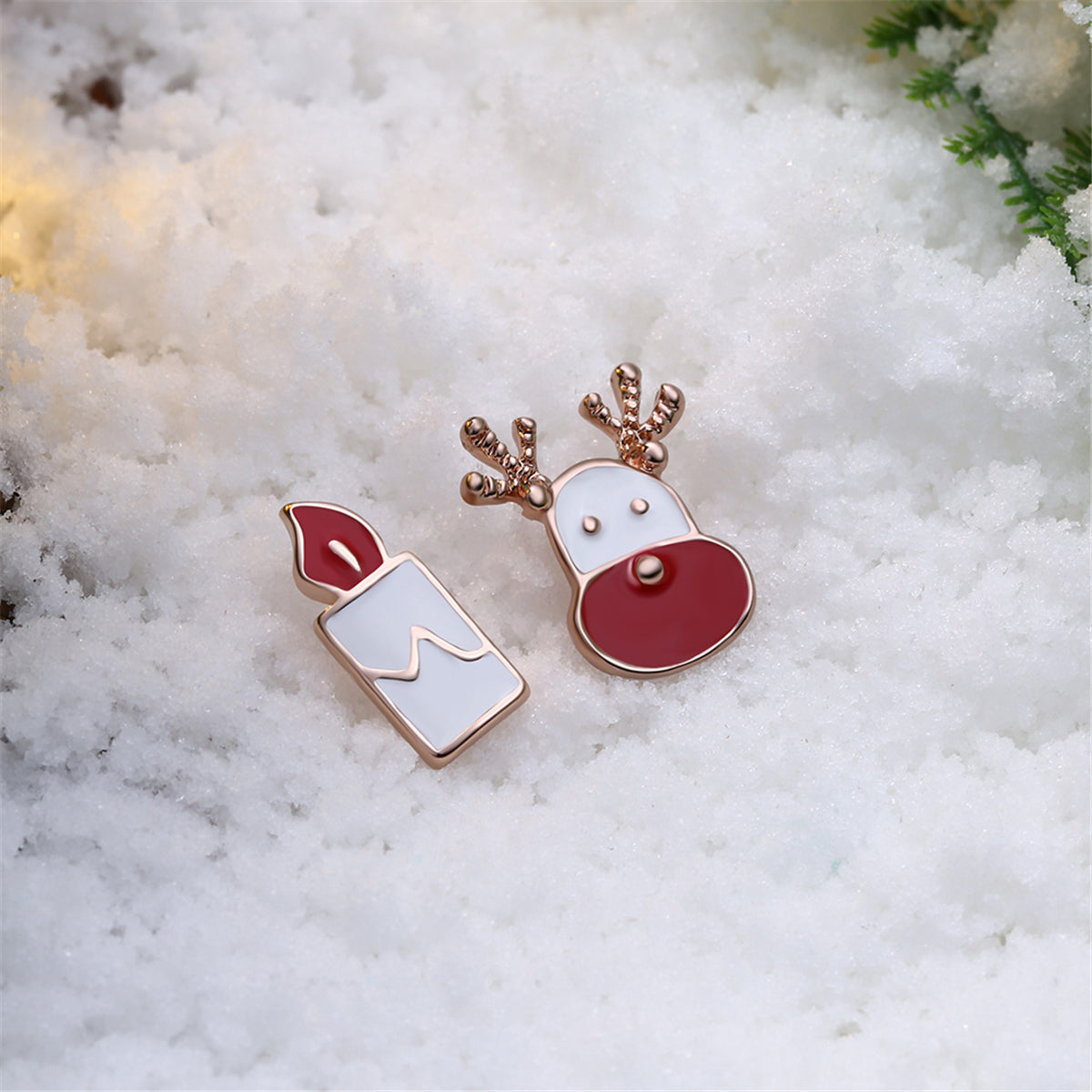 Red Enamel & 18K Rose Gold-Plated Candle & Deer Stud Earrings