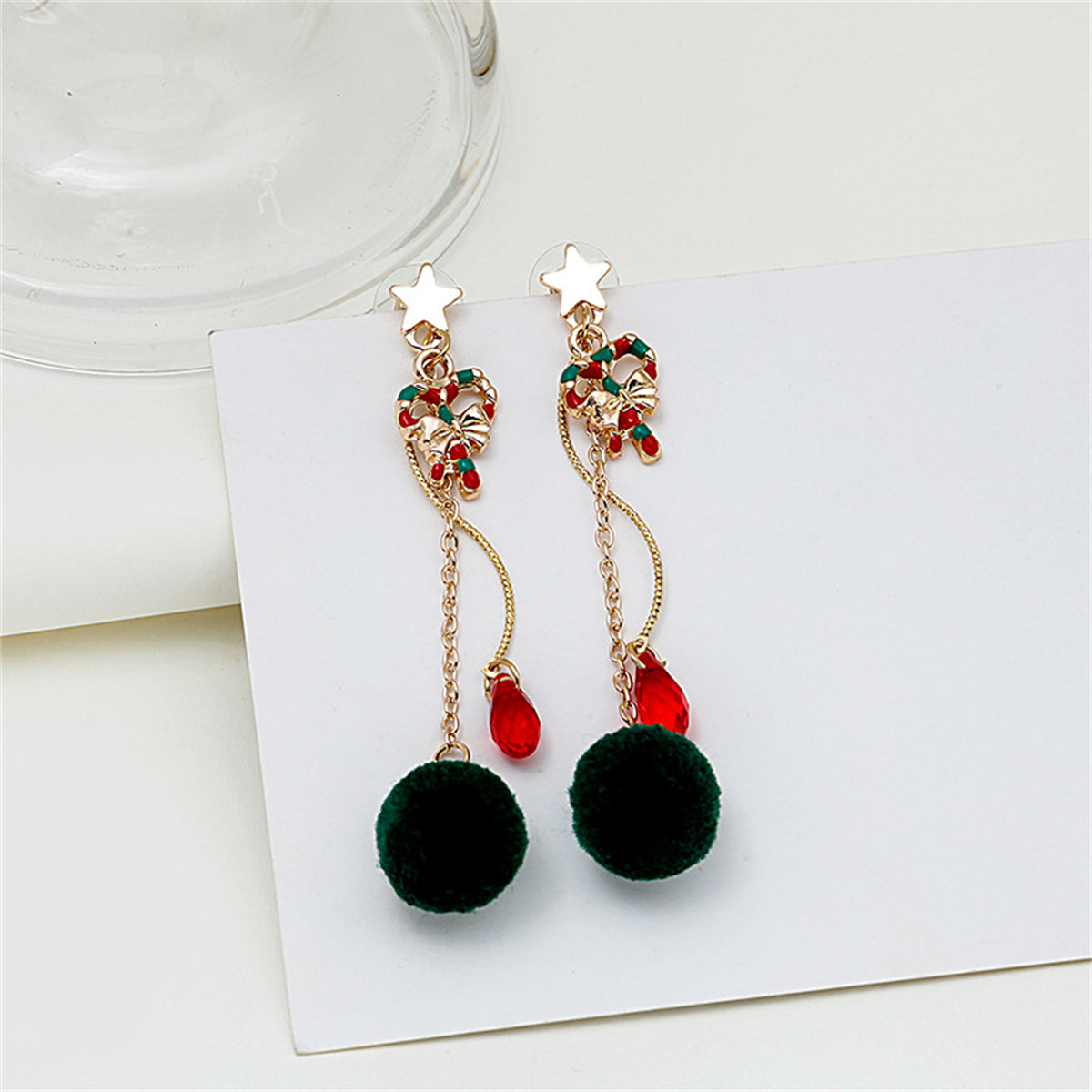 Crystal & Enamel 18K Gold-Plated Star & Candy Cane Pom-Pom Drop Earrings