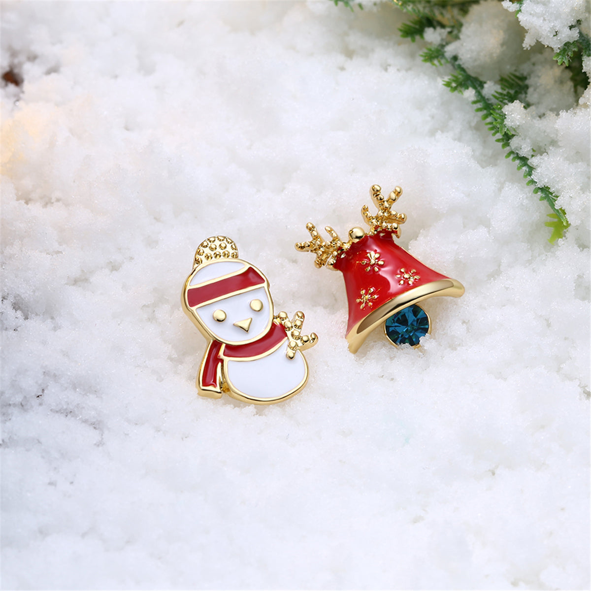 Crystal & Enamel 18K Gold-Plated Jingle Bell & Snowman Stud Earrings