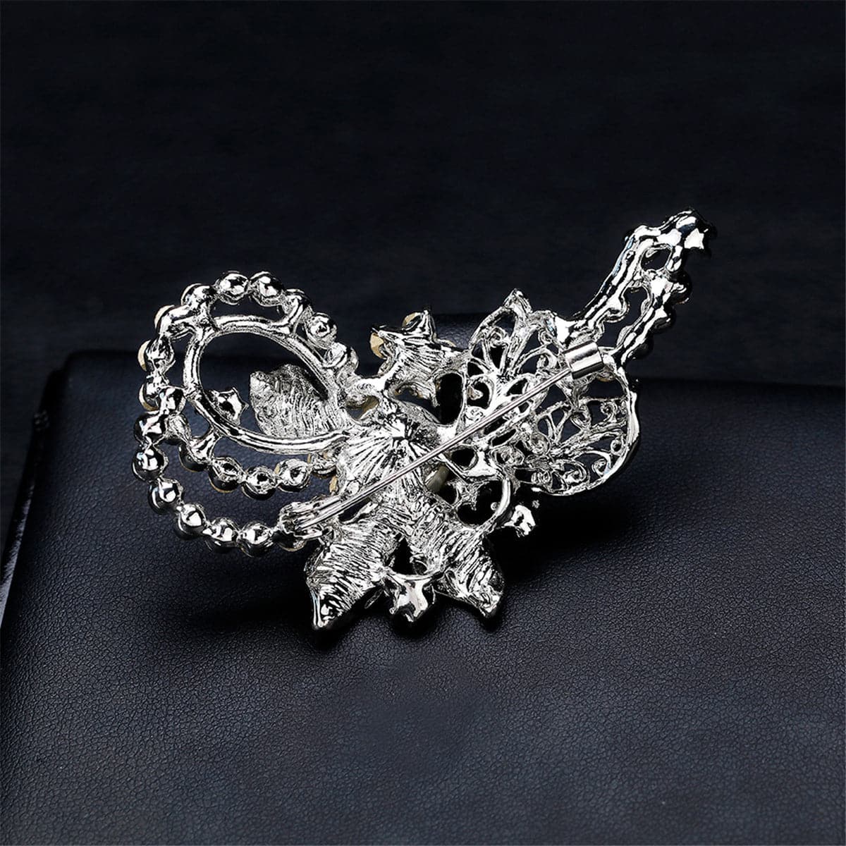 Pearl & Cubic Zirconia Silver-Plated Leaf Filigree Brooch