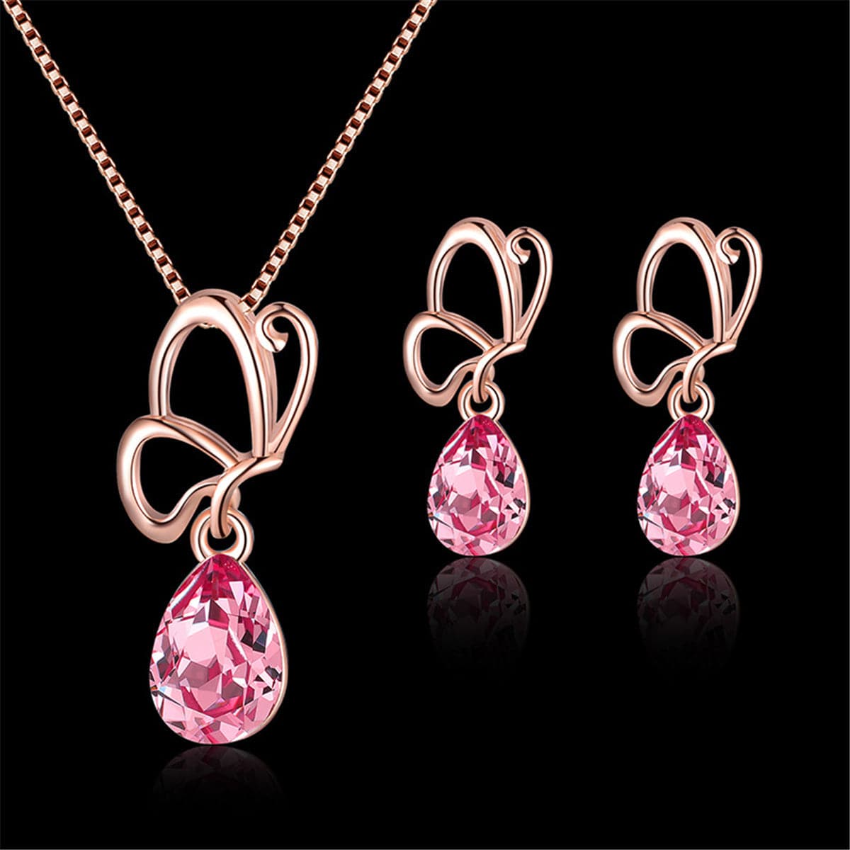 Pink & 18K Rose Gold-Plated Butterfly Pendant Necklace & Earrings