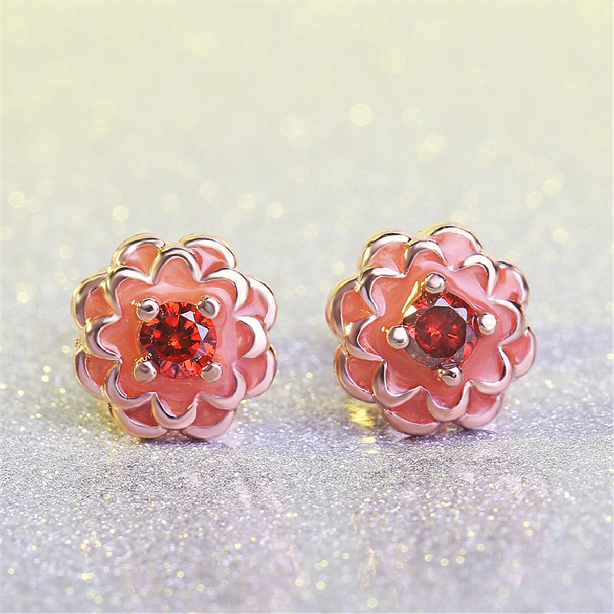 Red Crystal & 18K Rose Gold-Plated Peony Stud Earrings