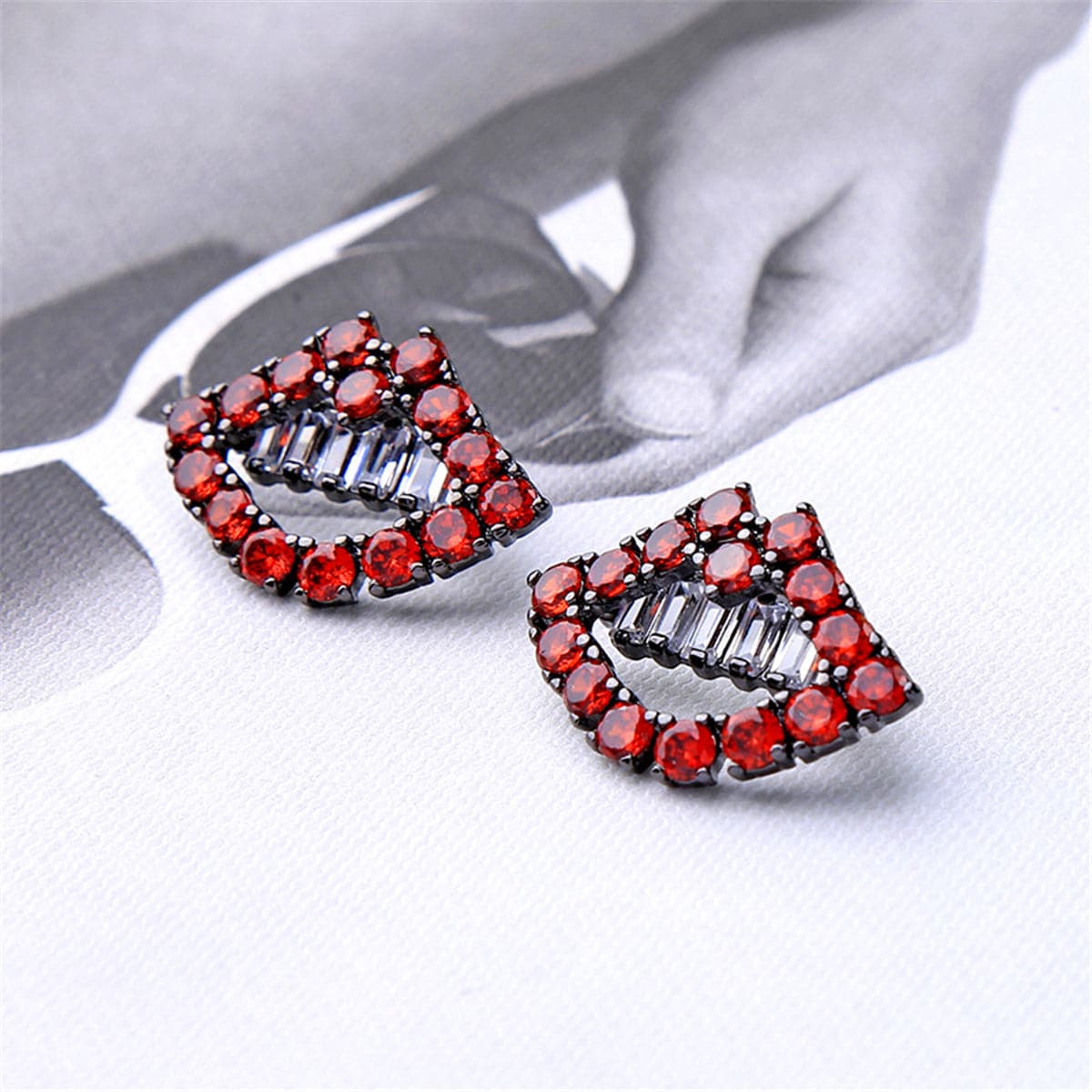 Red & Silver-Plated Lips Stud Earrings With Swarovski® Crystals - streetregion