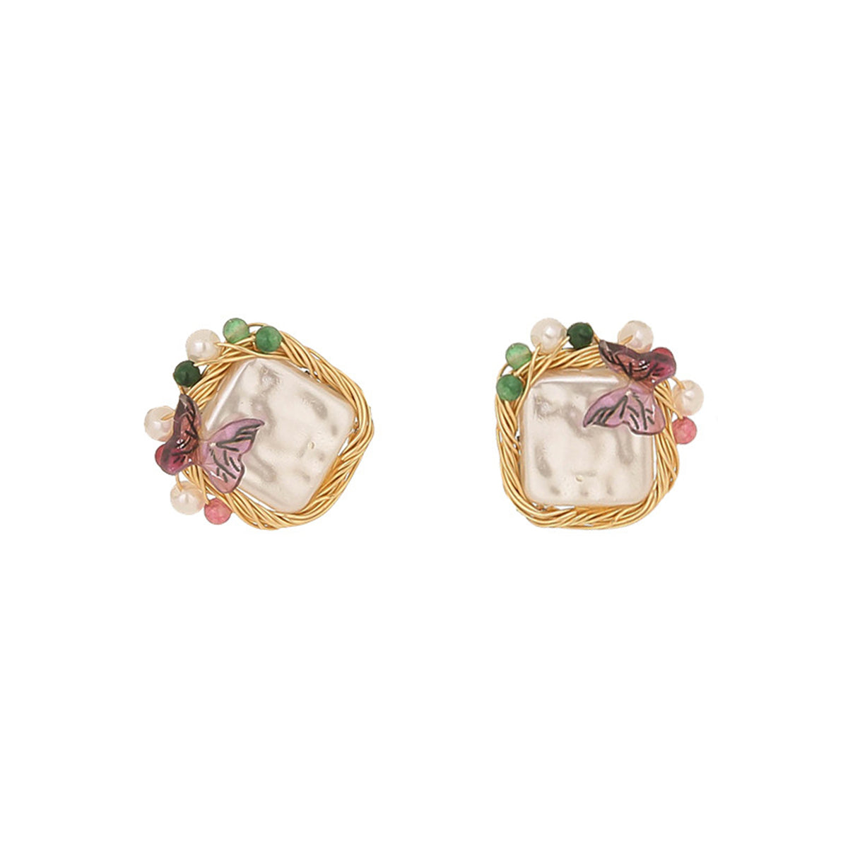 Pearl & Purple Butterfly Square Stud Earrings