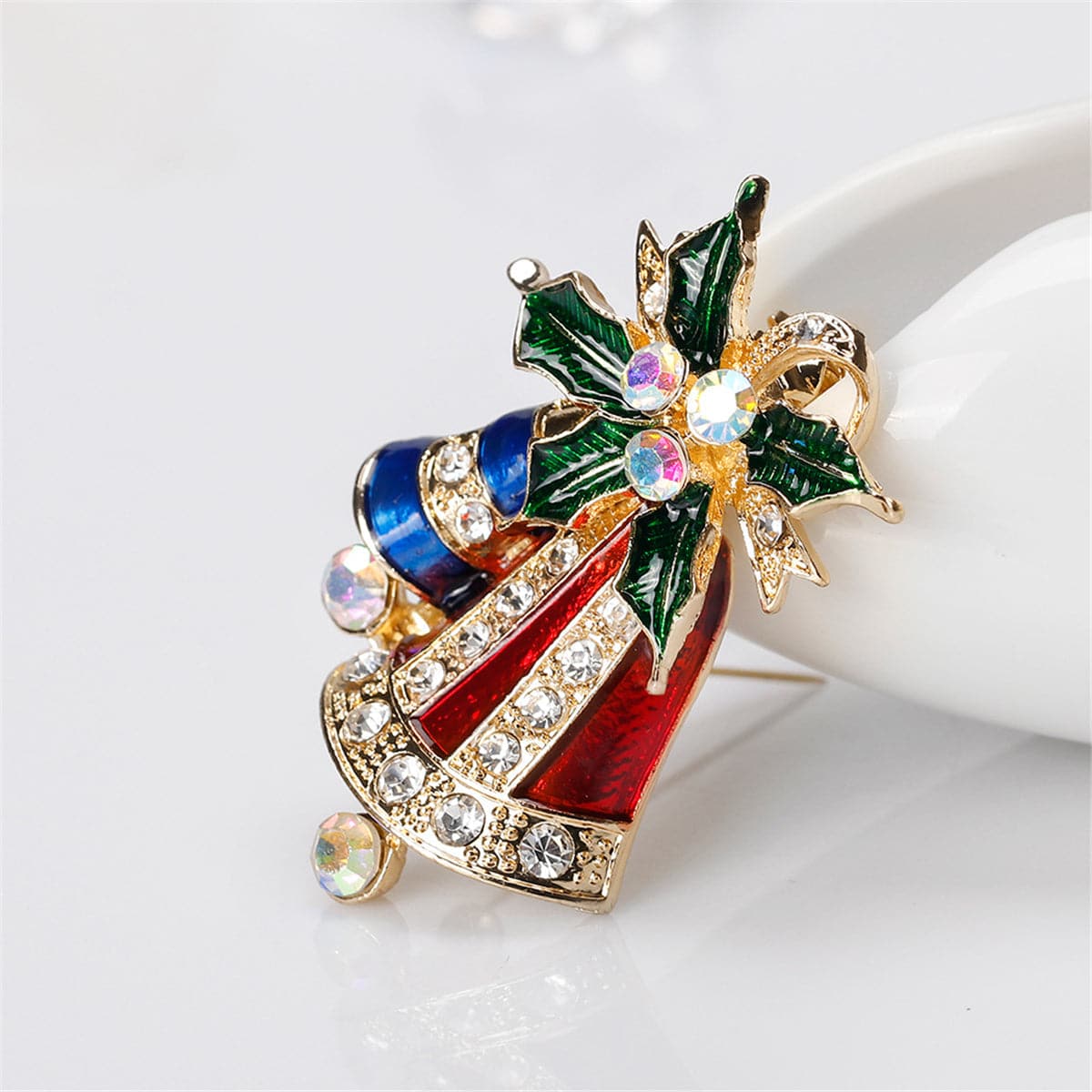 Cubic Zirconia & 18K Gold-Plated Stripe Dual Bell Brooch