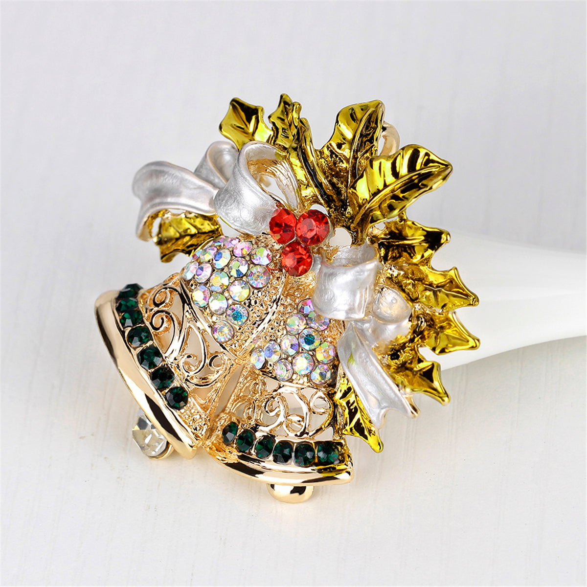 Cubic Zirconia & 18K Gold-Plated Botany Bow & Bell Brooch