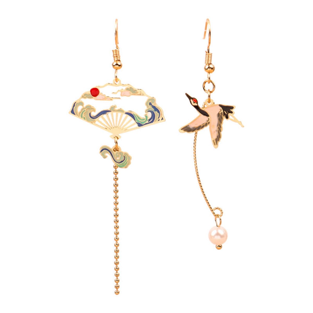 Pearl & Enamel 18K Gold-Plated Crane Fan Drop Earrings